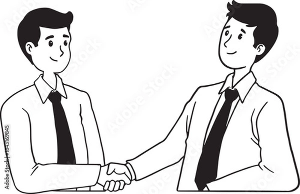 Fototapeta Two men sitting comfortably on a sofa, chatting, discussing, or consulting. One man is gesturing while the other is holding a phone. Hand-drawn line art illustration for casual conversation.