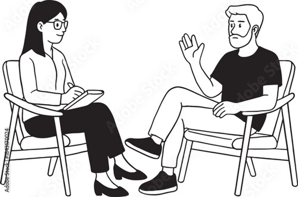Fototapeta Therapy session with a female psychologist or counselor interviewing a male patient or client. The therapist is taking notes while the man is sitting in a chair and gesturing. Hand-drawn.