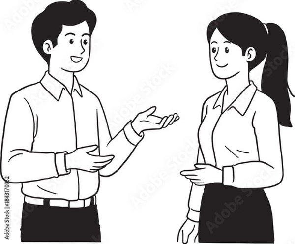 Fototapeta A man and woman standing and discussing a topic. Male and female colleagues, co-workers, or partners talking and gesturing with open hands. Hand-drawn line art illustration for business communication.