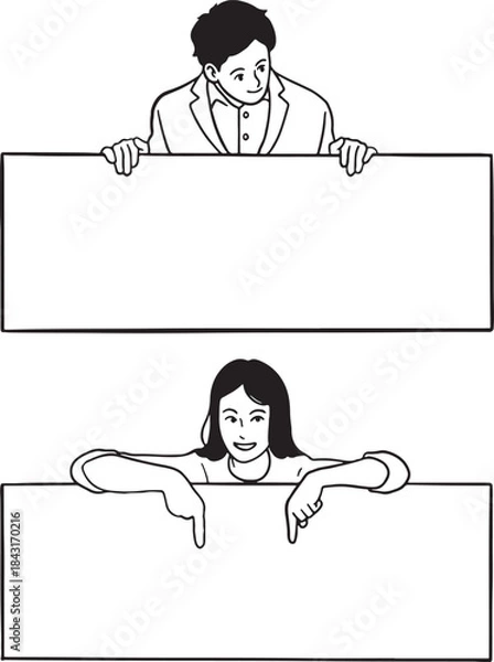 Fototapeta Set of two business people holding blank rectangular advertising signs or banners. A man holding a sign from above, and a woman pointing down at a sign below. Hand-drawn line art illustration.