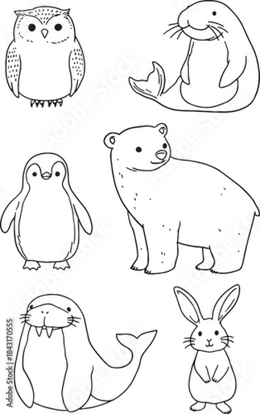 Fototapeta Cute doodle set of North Pole and Arctic animals, including a polar bear, penguin, owl, seal, walrus, and rabbit. Hand-drawn line art illustrations for coloring books, winter designs, kids' projects.