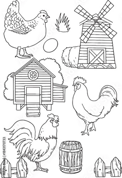 Fototapeta A large line art collection featuring farm-themed elements: various farm animals (horse, cow, lamb, pig, chicken, goose, chicks) and rural structures (windmill, henhouse, fence, barrel).