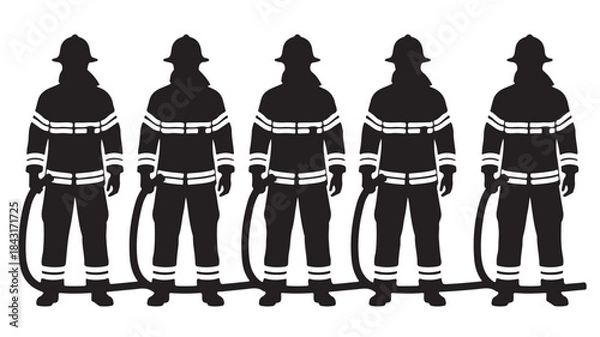 Obraz Firefighters in Uniform Holding Hoses Silhouette on White Background