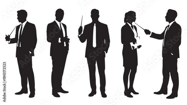 Obraz Business People Silhouettes Standing and Interacting Isolated on White Background