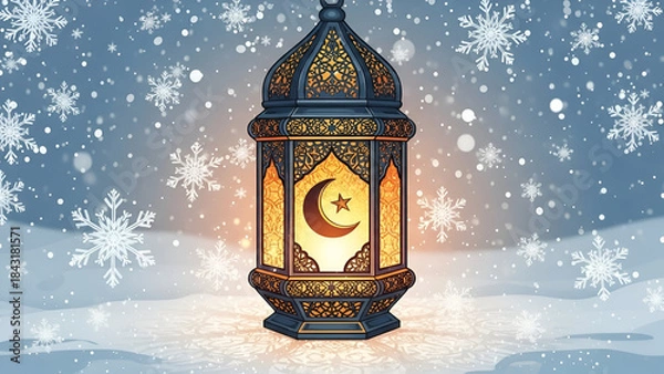 Obraz Intricate Arabic Lantern Illustration with Crescent Moon Star Symbol in Winter Snow