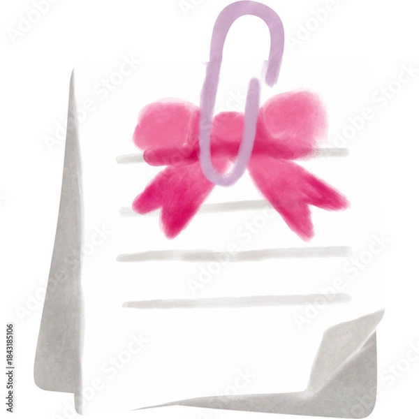 Obraz Cute Watercolor Note Paper With Pink Ribbon Clip