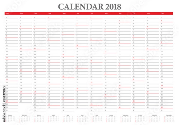 Fototapeta Year 2018 calendar vector design template