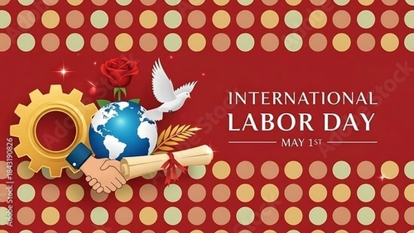Fototapeta Global Unity and Hard Work Celebration for International Labor Day on May 1st with Symbolic Elements