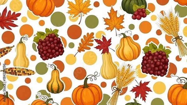 Fototapeta Autumn Harvest Pattern with Pumpkins, Grapes, and Maple Leaves on a Polka Dot Background