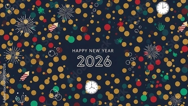 Fototapeta Vibrant 2026 New Year's Eve celebration background illustration with abstract fireworks, colorful confetti dots, and decorative clocks, ideal for holiday greetings and festive party invitations