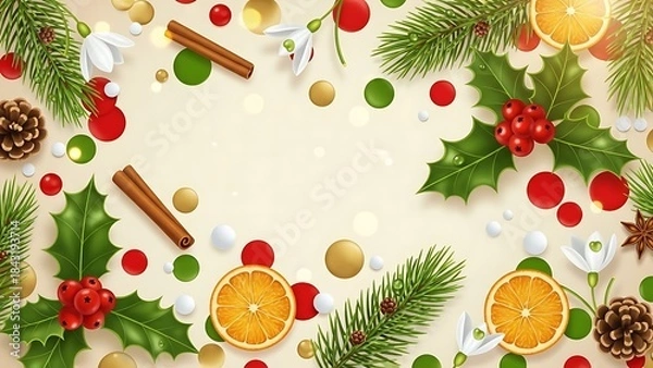 Fototapeta Festive Christmas holiday background with pine branches, holly berries, sliced oranges, and cinnamon sticks, creating a cozy winter atmosphere