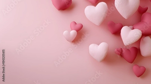 Obraz Pastel colors, light pink background, dark pink hearts of various sizes in the background
