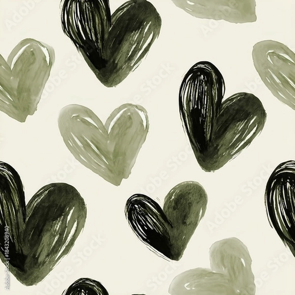 Fototapeta Seamless pattern of soft romantic watercolor hearts in deep sage palette with artistic freeform ink sketches