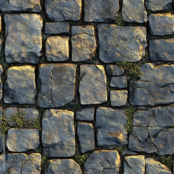 Obraz Rough cobblestone with tiny moss sprigs creating highlights seamless texture