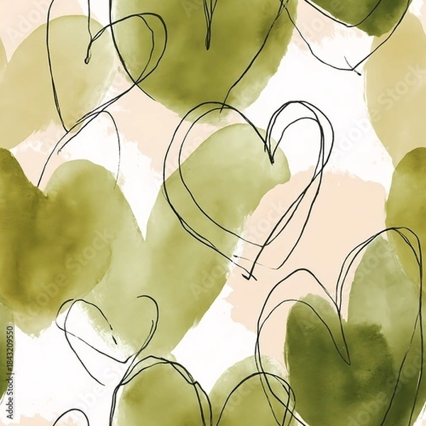 Fototapeta Seamless pattern of watercolor hearts in muted sage tones mixed with playful black doodle lines and organic shapes