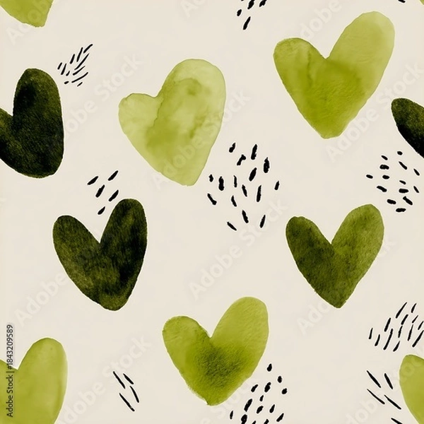 Fototapeta Seamless pattern of abstract olive green heart illustrations painted in layered watercolor style with modern simplicity