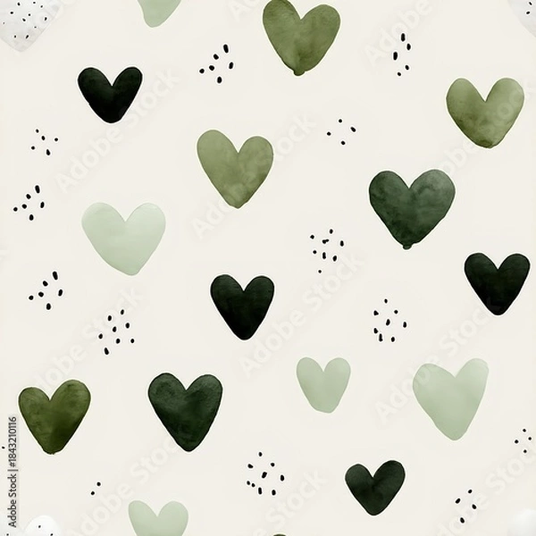 Fototapeta Seamless pattern of minimal olive heart designs created with hand drawn ink strokes and watercolor wash effects