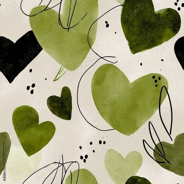 Fototapeta Seamless pattern of romantic watercolor hearts in earthy green palette contrasted with expressive ink detailing