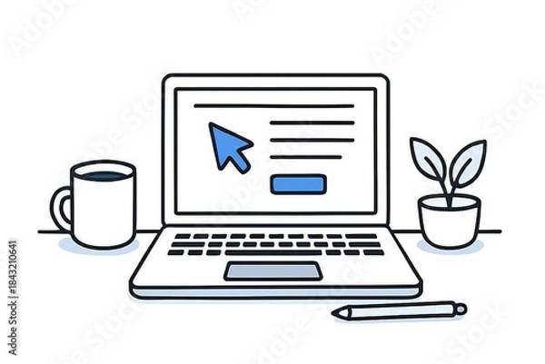Obraz ノートパソコンの画面上でカーソルが操作されている様子を描いたミニマルなフラットデザインのデスクワークイラスト