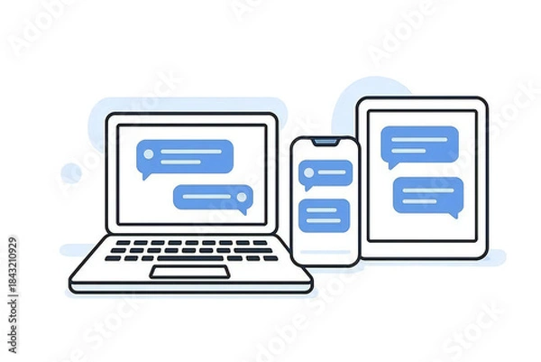 Obraz 同期したチャットアプリを表示するPC・スマートフォン・タブレットを描いたミニマルなフラットデジタルイラスト