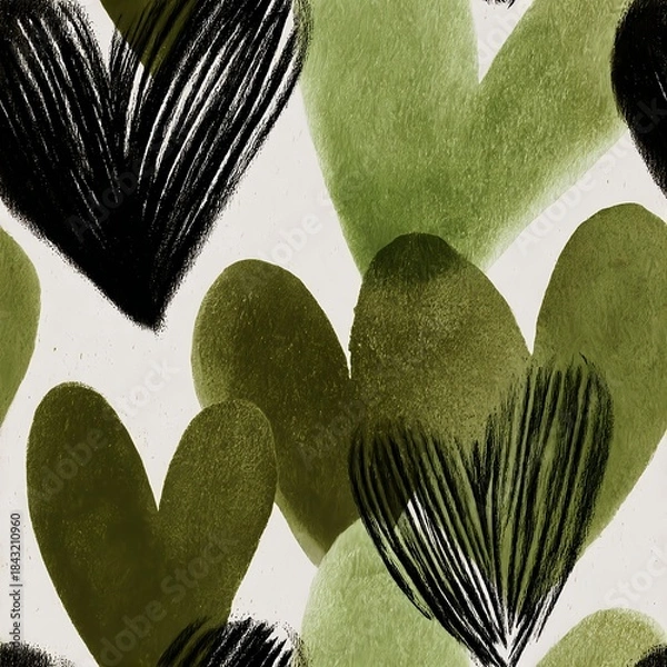 Fototapeta Seamless pattern of elegant sage green love hearts painted with subtle brush textures and fine abstract line sketches