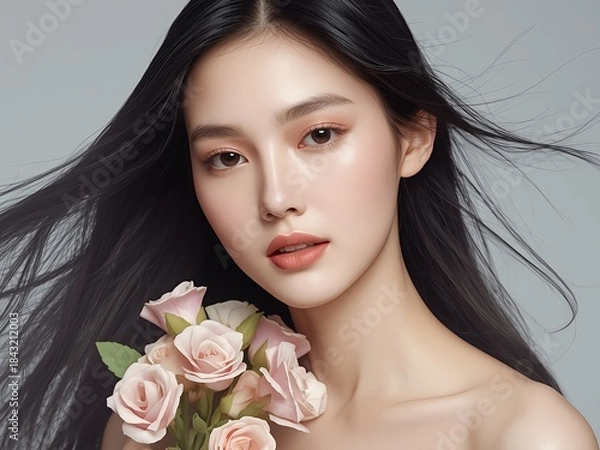 Obraz 桜の花を持つアジア人女性の美しく繊細なビューティーポートレート