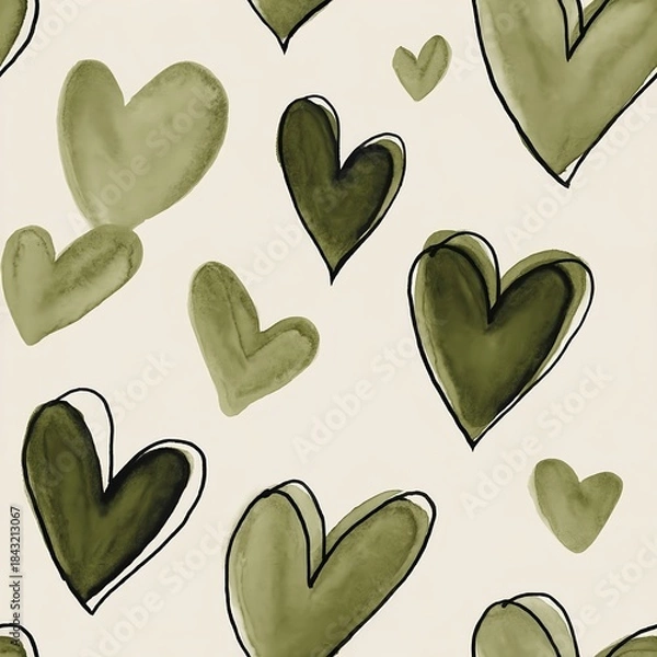 Fototapeta Seamless pattern of hand painted olive green watercolor hearts with delicate black ink sketch outlines on a soft neutral background