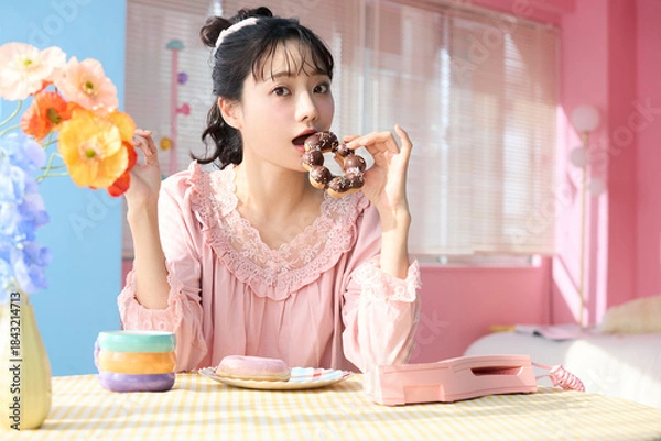 Obraz カラフルな部屋でドーナツを食べるかわいい女性のポートレート