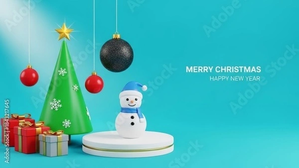 Fototapeta Festive 3d rendering featuring a cheerful snowman bright green Christmas tree and wrapped gifts against a vibrant cyan background for holiday greetings