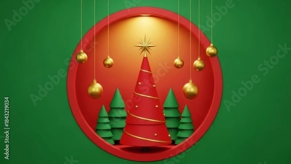 Fototapeta Festive 3d rendering of a stylized red christmas tree surrounded by green pines and hanging golden ornaments against a vibrant background