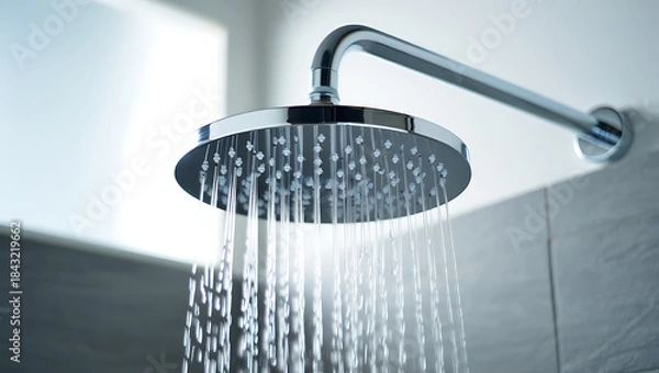 Obraz Modern Chrome Rain Shower Head with Flowing Water in Contemporary Tiled Bathroom Close-Up