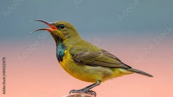 Fototapeta Vibrant close up of a small olive sunbird perched with its beak wide open against a soft pastel background