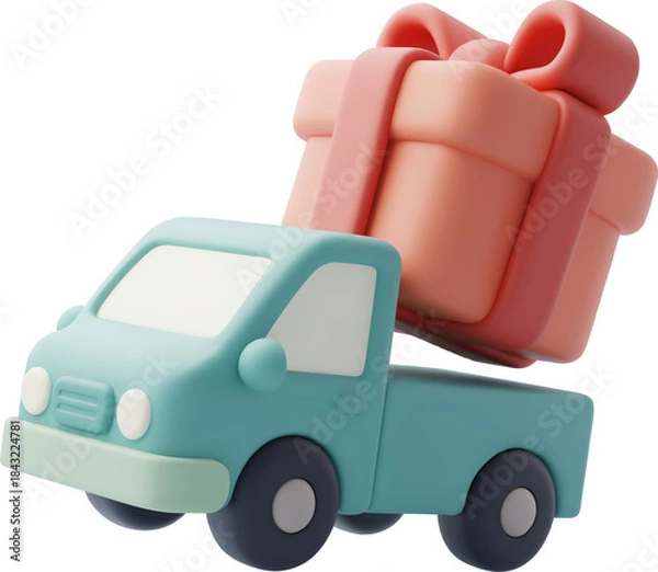 Fototapeta 3D Vector Delivery Truck with Gift Box, Merry Christmas & Happy New Year Holiday concept.