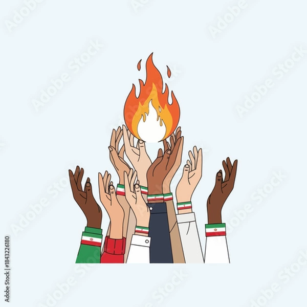 Obraz Diverse raised hands with iran flag wristbands hold fire flame. Freedom and revolution concept.