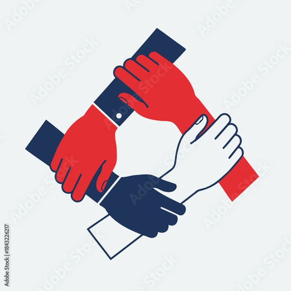 Obraz Four hands linked together in a square shape, symbolizing unity, teamwork, and support.