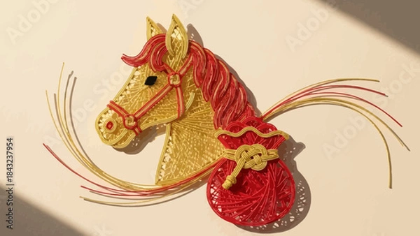 Fototapeta Golden Horse Artwork: A detailed, artistic creation showcasing a horse head, expertly crafted with golden and red threads, reflecting intricate design and artisanal skill.