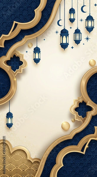 Fototapeta Elegant Islamic background with hanging lanterns, crescent moons, and stars in blue and gold patterns, perfect for Ramadan or Eid celebrations.