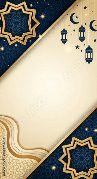 Fototapeta Elegant Islamic background with golden stars, crescent moons, lanterns, and geometric patterns for Ramadan or Eid.