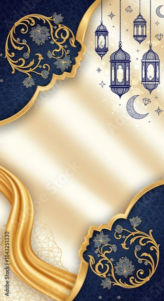 Fototapeta Decorative Islamic background with golden arabesque patterns, hanging lanterns, crescent moons, and stars for festive celebrations.