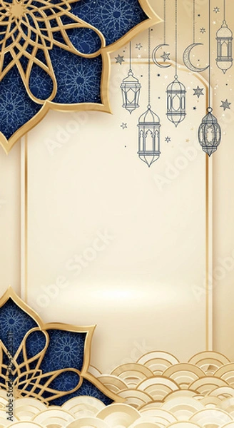Fototapeta Elegant Islamic design background with intricate blue and gold patterns, hanging lanterns, crescent moons, and stars, perfect for Ramadan or Eid greetings.