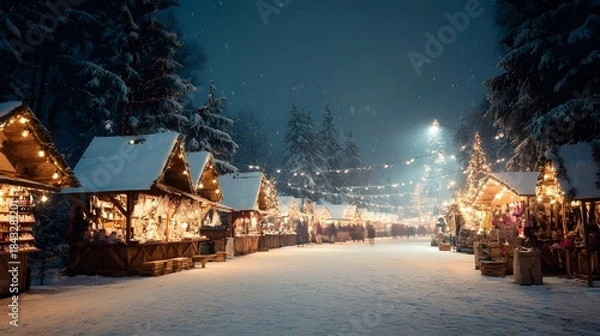 Obraz 雪の夜に続く屋台列の冬の通り