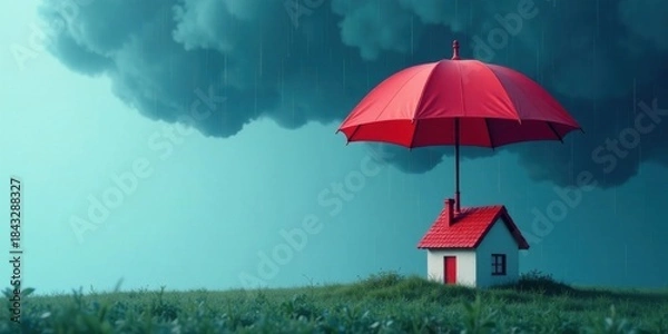 Fototapeta A Red Umbrella Sheltering a House from a Stormy Sky, Representing Protection and Security