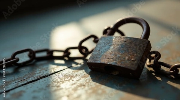 Fototapeta A weathered padlock secured by a rusty chain rests on a worn, textured surface, bathed in sunlight