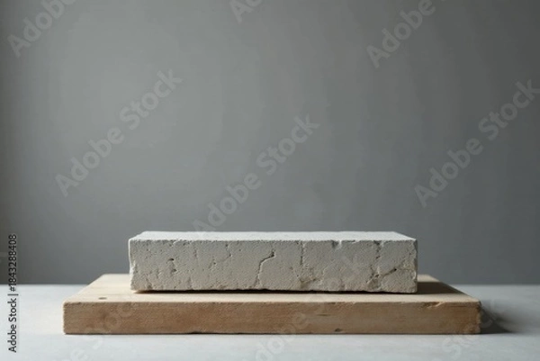 Fototapeta A simple, rustic, and minimalist display platform featuring a textured off-white block atop a light brown wooden base, perfect for showcasing small products or artwork against a neutral gray backdrop