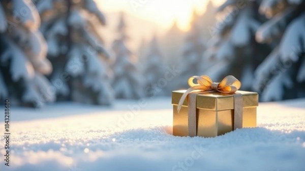 Fototapeta A golden gift box rests in a snowy winter wonderland, bathed in the warm glow of the setting sun, symbolizing a precious present amidst a serene, frosted landscape.