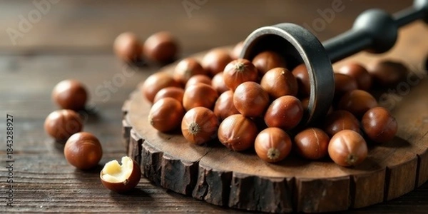 Fototapeta Aromatic brown nuts spilling from a rustic scoop onto a wooden surface