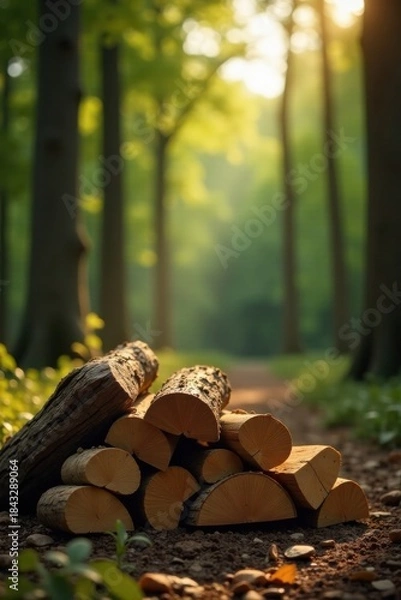 Fototapeta A stack of neatly arranged wood logs rests on a forest path bathed in the warm glow of sunlight filtering through the trees