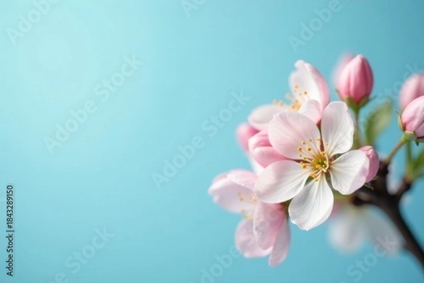 Fototapeta Delicate Pink Blossoms on a Branch Against a Light Blue Background, a Symbol of Spring's Gentle Arrival and the Promise of New Beginnings