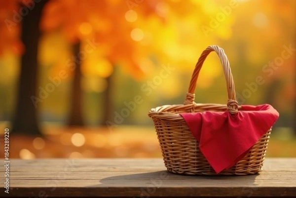 Fototapeta Autumnal Basket on Wooden Surface with Red Cloth
