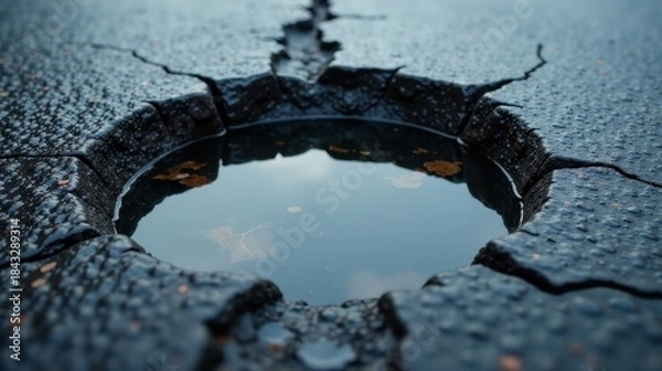 Fototapeta Reflective Puddle in a Cracked Asphalt Surface A Close-Up View of Water Collecting in a Depression